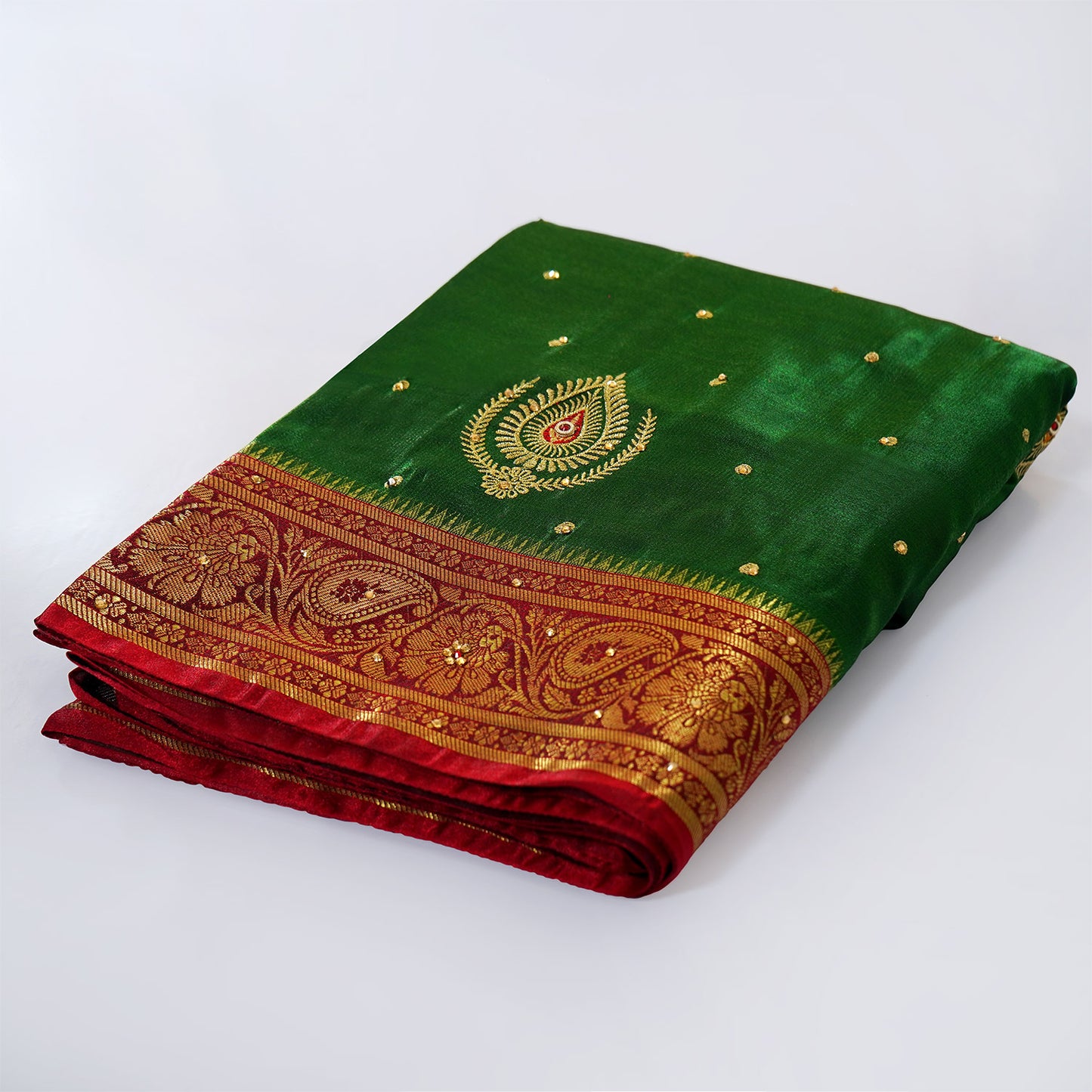 Dark Green Saree, Banarasi Silk, Embroidered Saree, Traditional Indian Wear, Shalu Saree, Ethnic Fashion, Wedding Saree, Festive Attire, Bloomaya.com, Elegant Silk Drapes, Cultural Heritage, Indian Textiles, Timeless Fashion, Special Occasion Outfit, Exquisite Embroidery, Rich Green Hue.