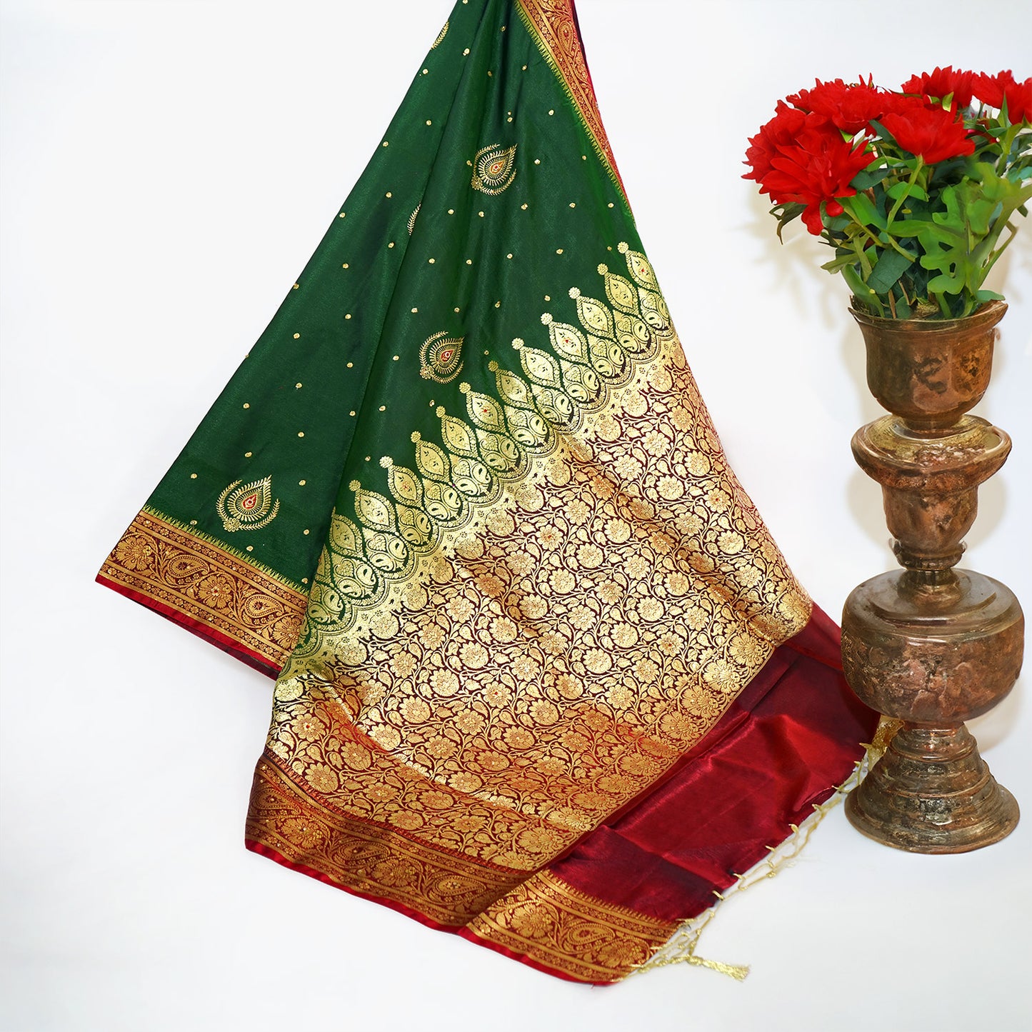 Dark Green Saree, Banarasi Silk, Embroidered Saree, Traditional Indian Wear, Shalu Saree, Ethnic Fashion, Wedding Saree, Festive Attire, Bloomaya.com, Elegant Silk Drapes, Cultural Heritage, Indian Textiles, Timeless Fashion, Special Occasion Outfit, Exquisite Embroidery, Rich Green Hue.