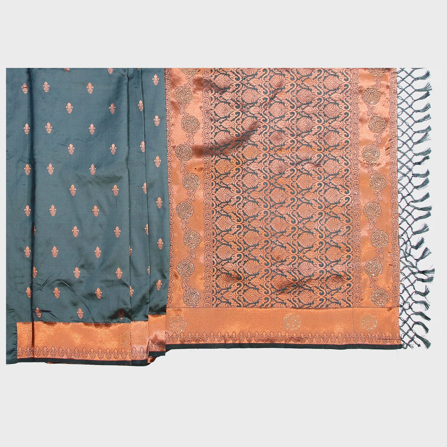 Dark Grey Silk Saree, Golden Border Patola Saree, Indian Ethnic Wear, Elegant Silk Saree, Traditional Wedding Attire, Bloomaya Exclusive Saree, Festive Occasion Fashion, Opulent Patola Silk, Graceful Draping Saree, Contemporary Ethnic Wear.