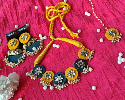 Handmade Yellow Necklace & Earrings Set with Mangtika featuring intricate details, perfect for ethnic wear.