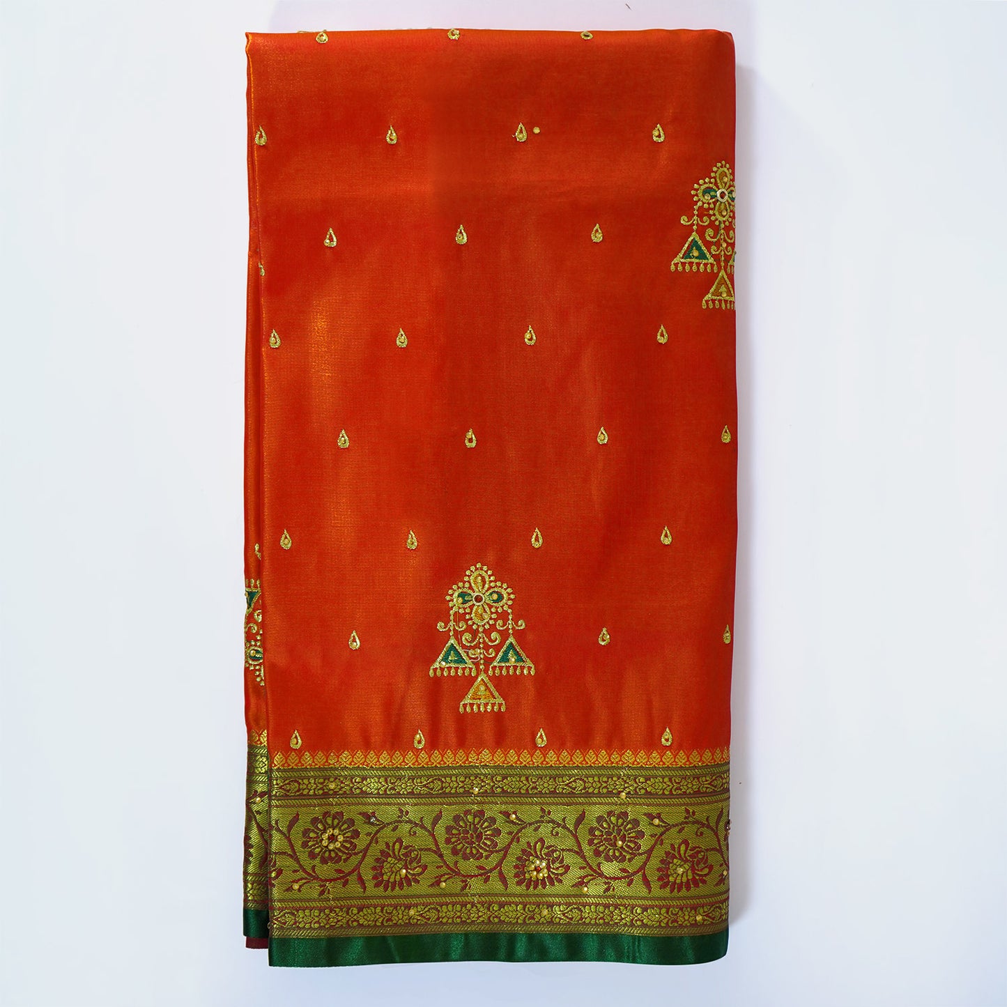 Orange Banarasi Silk Saree, Embroidered Shalu Saree, Traditional Indian Ethnic Wear, Festive Occasion Saree, Banarasi Silk Bridal Saree, Elegant Embroidery Design, Women's Wedding Attire, Bloomaya Exclusive Saree.