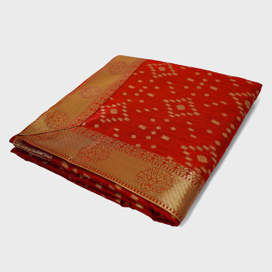 Red Bandhani Silk Saree, Golden Border Traditional Saree, Indian Ethnic Wear, Bloomaya Sarees Online, Premium Silk Saree, Festive Occasion Attire, Classic Indian Wedding Outfit, Elegant Ethnic Fashion, Cultural Heritage Clothing, Red and Gold Silk Saree.