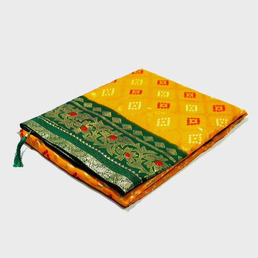 Yellow Dola Badhani Saree, Synthetic Saree, Unstitched Blouse, Lightweight Ethnic Wear, Traditional Elegance, Bloomaya Fashion, Festive Attire, Wedding Saree, Modern Ethnic Fashion, Indian Traditional Wear.