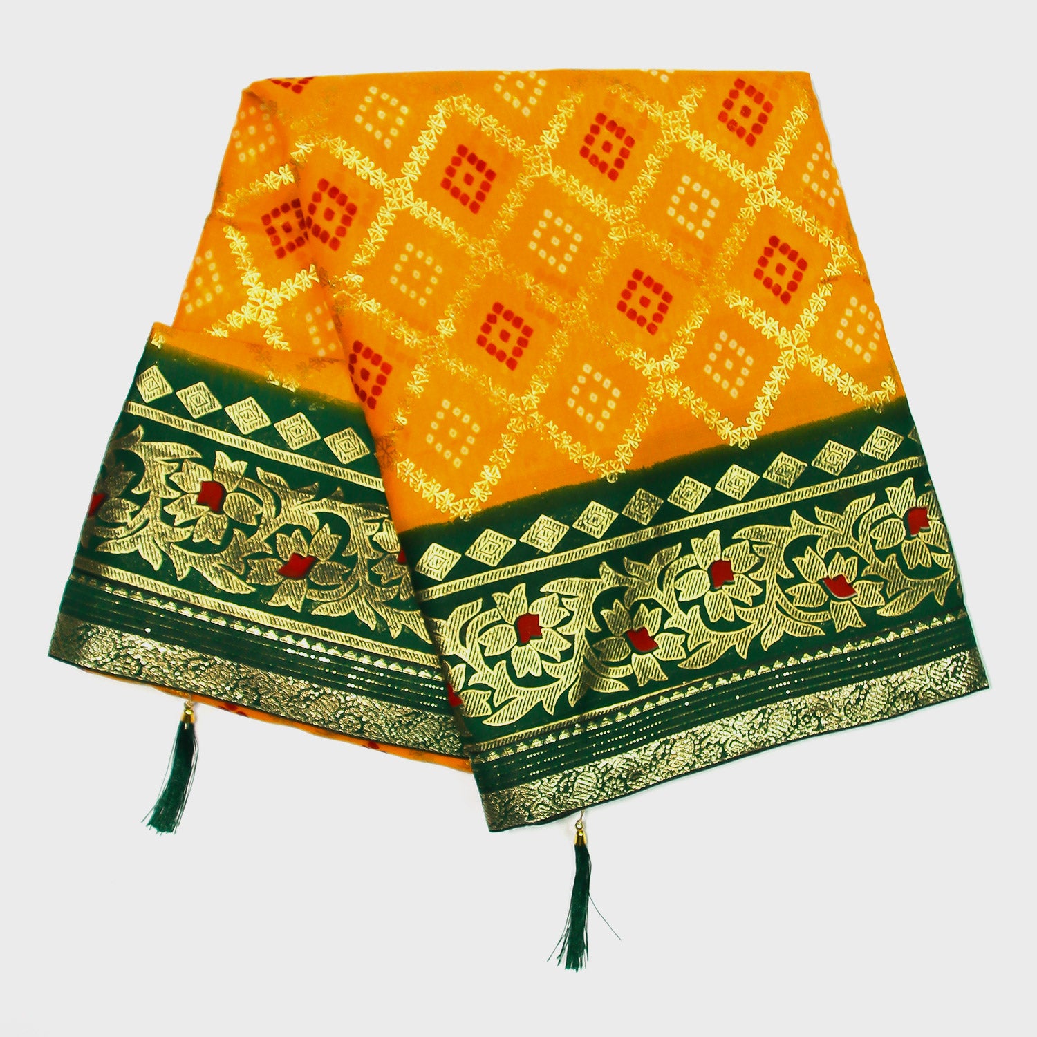 Yellow Dola Badhani Saree, Synthetic Saree, Unstitched Blouse, Lightweight Ethnic Wear, Traditional Elegance, Bloomaya Fashion, Festive Attire, Wedding Saree, Modern Ethnic Fashion, Indian Traditional Wear.