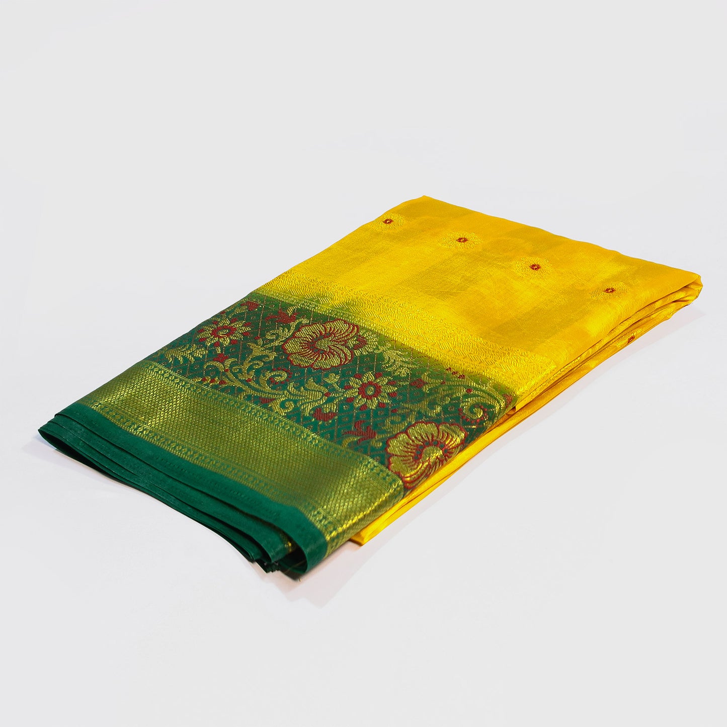 Vibrant Yellow Silk Saree, Elegant Green & Golden Border - Shop Now at Bloomaya for Timeless Elegance!