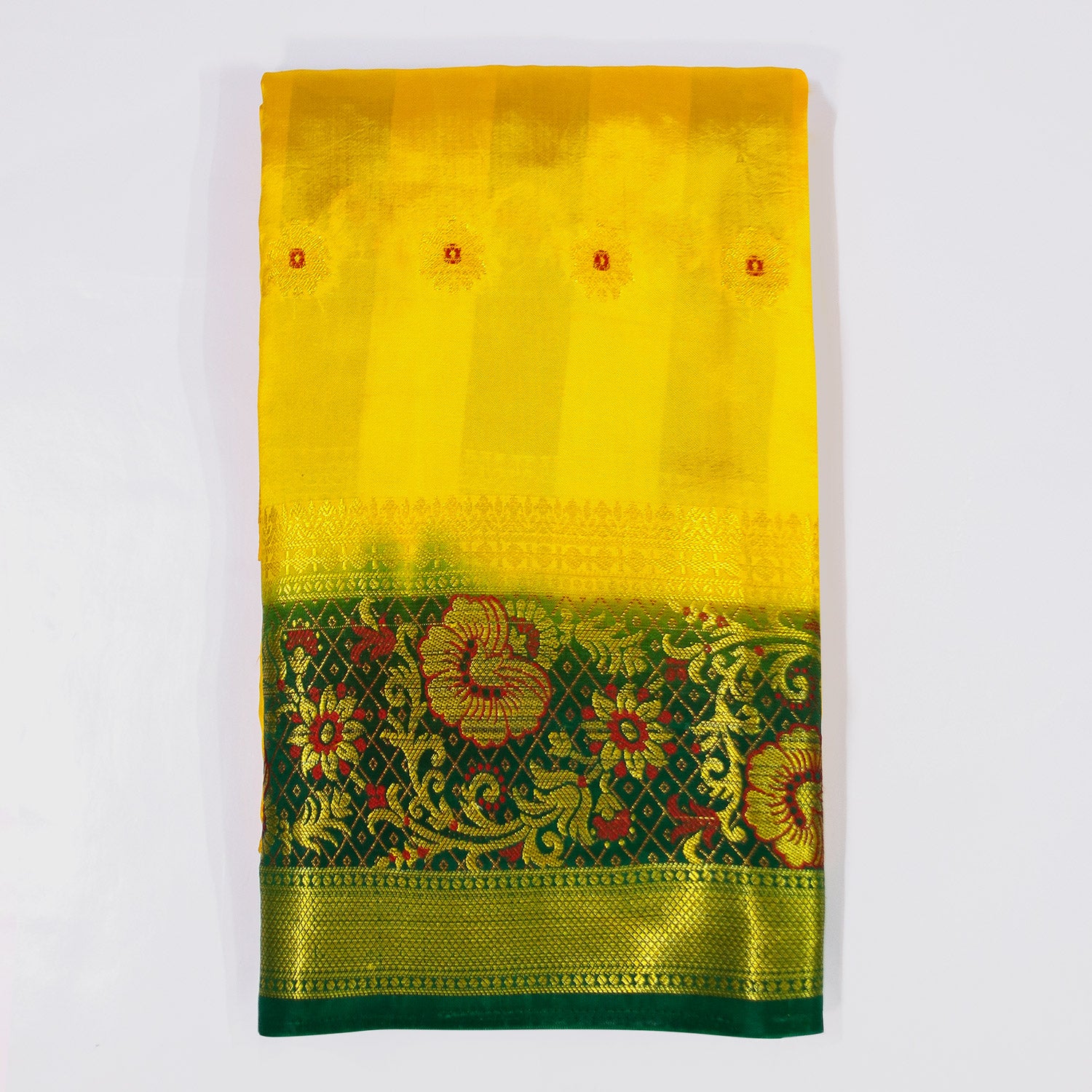 Vibrant Yellow Silk Saree, Elegant Green & Golden Border - Shop Now at Bloomaya for Timeless Elegance!