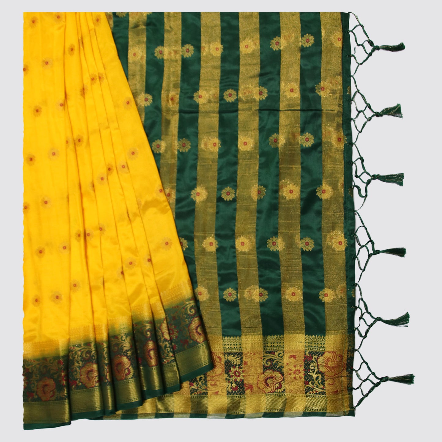 Vibrant Yellow Silk Saree, Elegant Green & Golden Border - Shop Now at Bloomaya for Timeless Elegance!